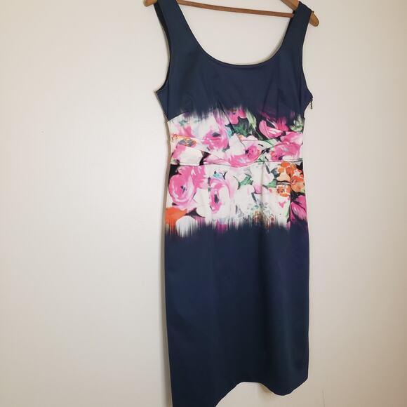 Elie Tahari Sleeveless Navy Graphic Floral Print Sheath Dress Size 8 - Picture 1 of 8